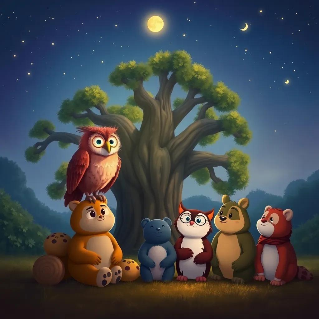 Captain Owl saying goodnight to the group of animal friends under the stars, seated in front of the oak tree, with a glowing sky above, conveying warmth and friendship, digital painting, calming colors, beautiful night scene