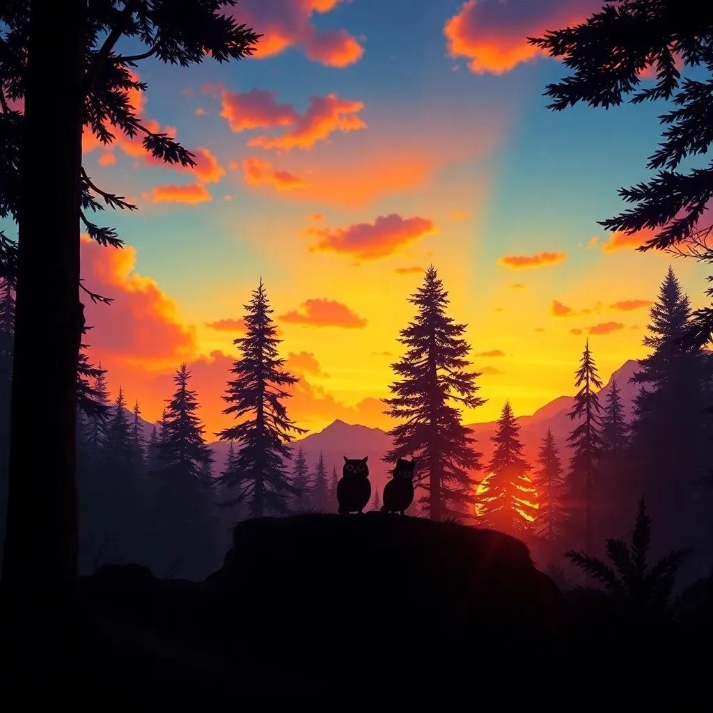 The forest at sunset with Captain Owl and his friends silhouetted against the colorful sky, symbolizing their growth and adventure, stunning view, heartwarming and inspiring, high quality, vibrant atmosphere