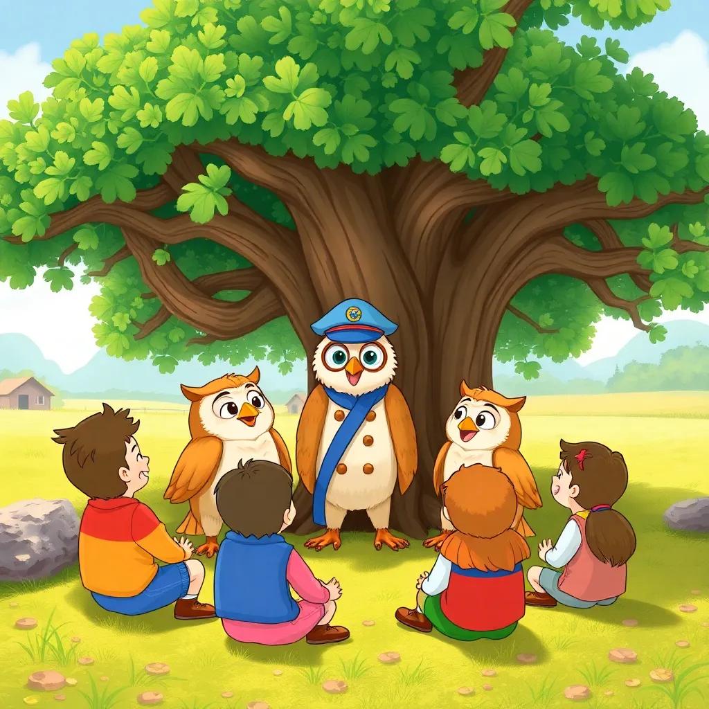 Captain Owl teaching his friends important lessons, illustrations showing laughter and sharing in a circle under the oak tree, bright and colorful, emphasizing friendship and learning, digital art, inviting atmosphere, child-friendly
