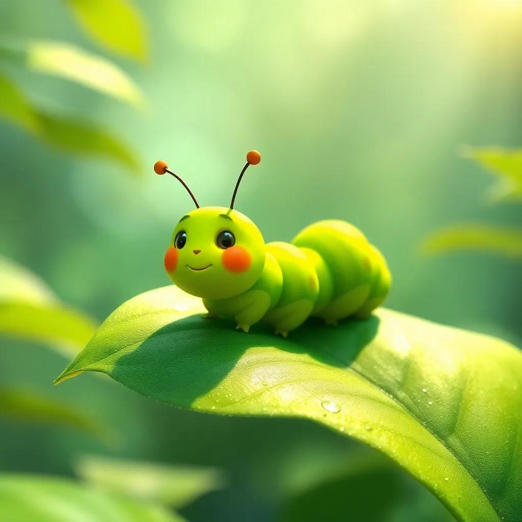 Charlie the Caterpillar, a small green caterpillar, lounging on a lush green leaf, basking in the sun with sparkling dew, cheerful atmosphere, high quality