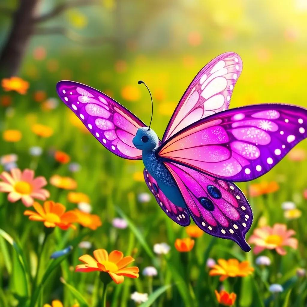 Bella Butterfly, a beautiful butterfly with sparkly wings, fluttering above Charlie, calling him to hurry, bright sunny meadow in the background, detailed, vibrant colors