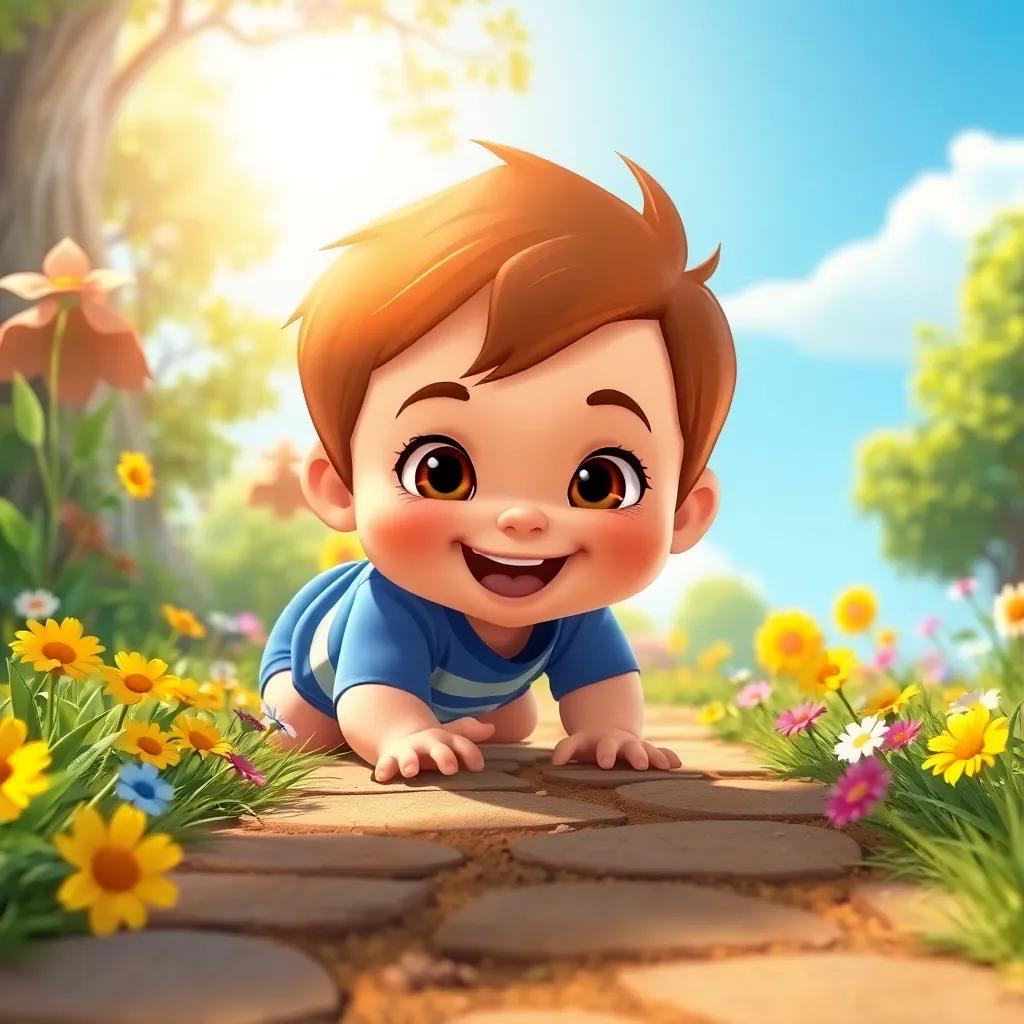 Charlie crawling happily on a path lined with colorful flowers, with bright sun shining and a blue sky, exploration theme, engaging and lively, high quality