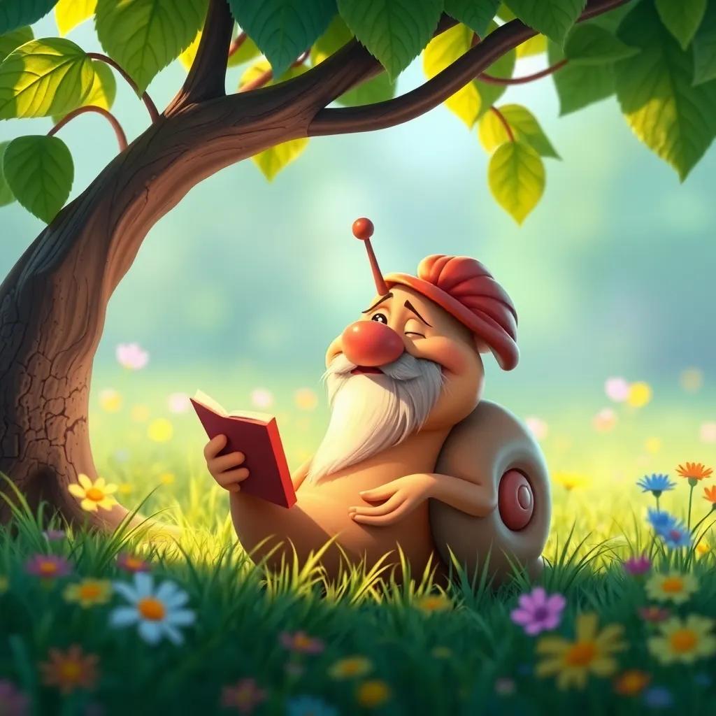 Sam the Snail, an old wise snail with a friendly face, sharing stories under a leafy shade, surrounded by their laughter and the bright meadow, colorful, heartwarming vibe
