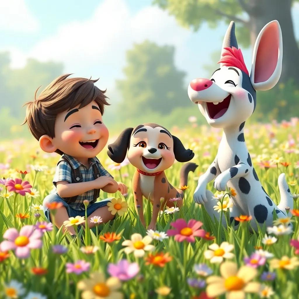 Charlie, Bella, and Benny playing and laughing together in the meadow filled with flowers, joy radiating from their colorful surroundings, lively and cheerful atmosphere