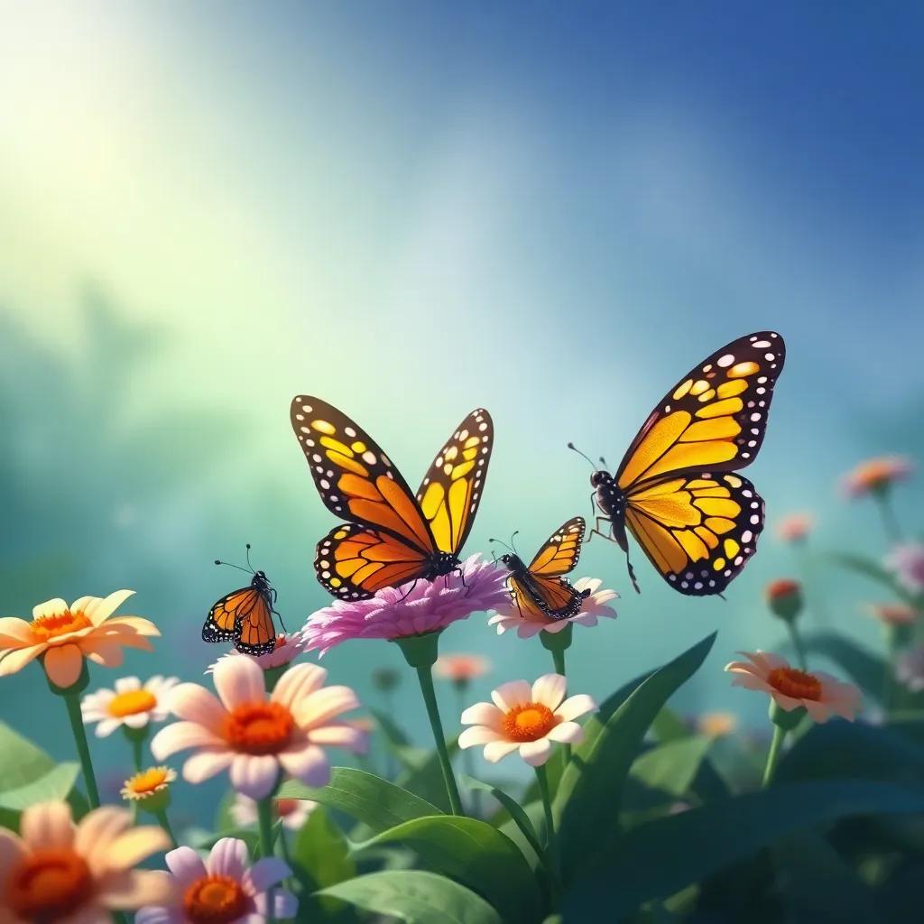 A butterfly family resting gracefully on flowers while Charlie gazes up admiringly, showcasing nature’s beauty, serene and peaceful, special moment