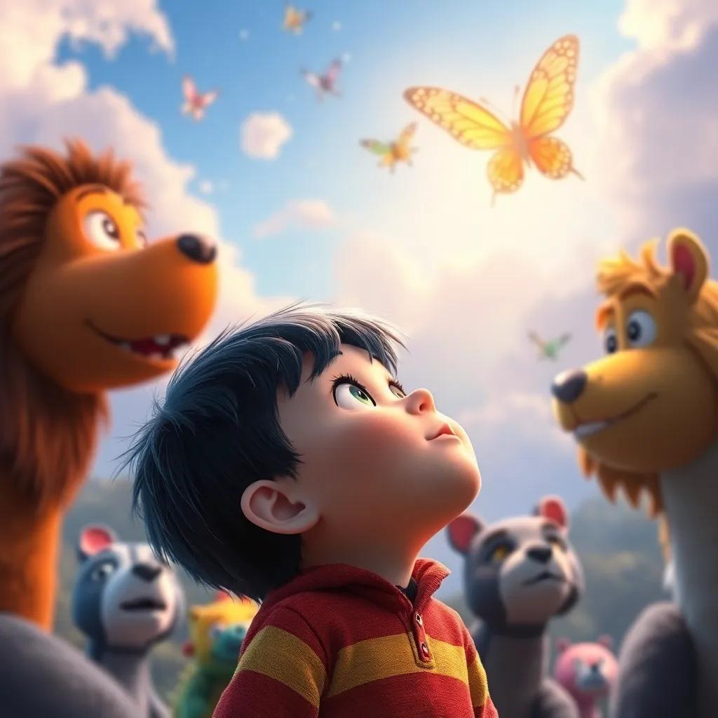 Charlie looking determined towards the sky, with dreams of becoming a butterfly, surrounded by his friends, vibrant colors, inspiring scene