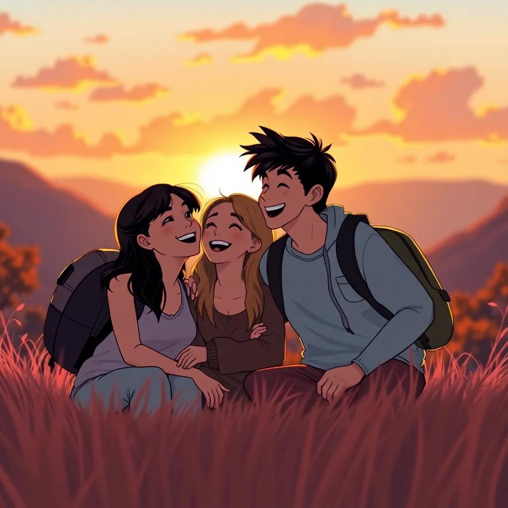 The friends laughing and sharing each adventure together as the sun sets, symbolizing friendship and the beauty of every stage, warm hues, uplifting imagery