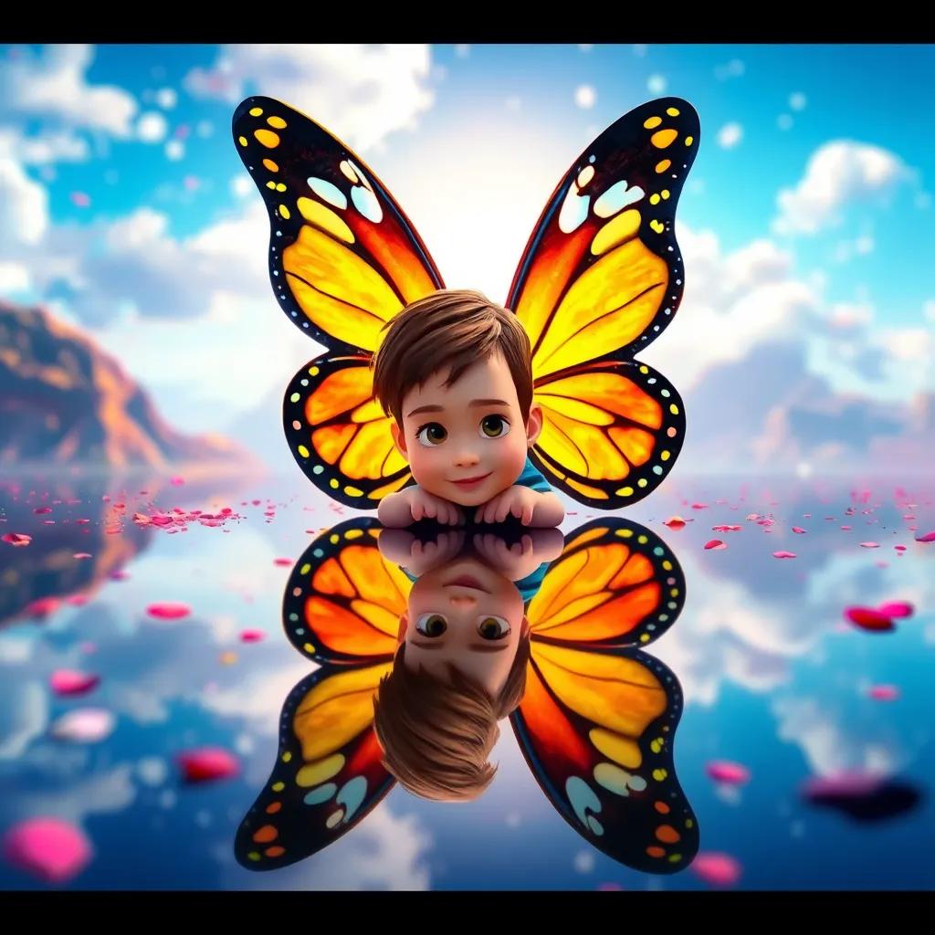 A beautiful reflection of Charlie with butterfly wings, ready to embark on his next adventure, bright and colorful scenery, enchanting and hopeful atmosphere