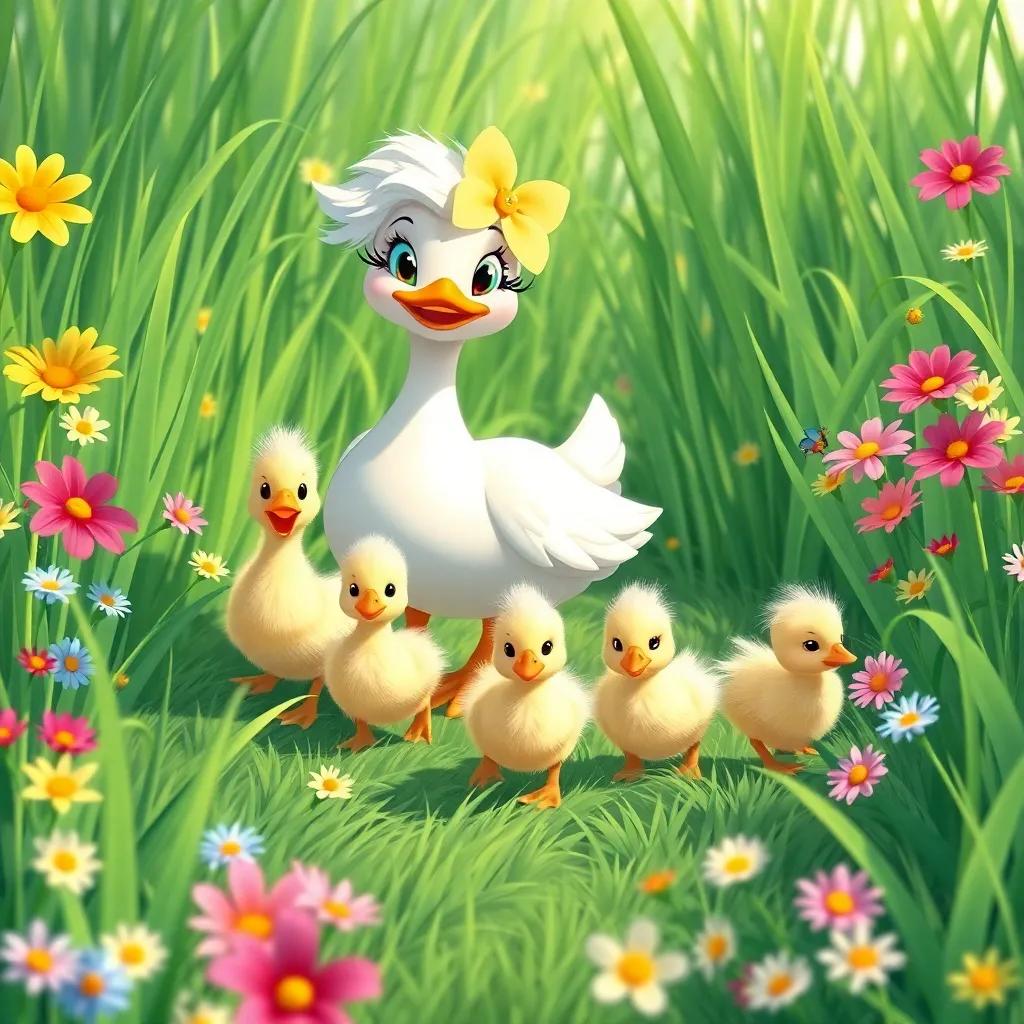 Daisy and her five fluffy ducklings waddling through tall green grass, surrounded by colorful flowers blooming in all shades, illustration, bright and joyful, a sense of adventure, cute and playful