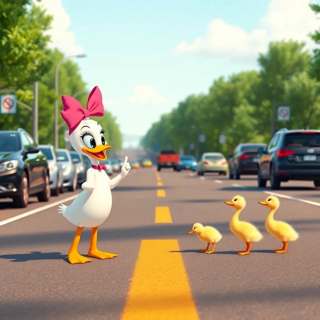 A busy road with Daisy teaching her ducklings to look left and right before crossing, the road bustling with cars, digital art, clear day, bright colors, educational, focus on safety