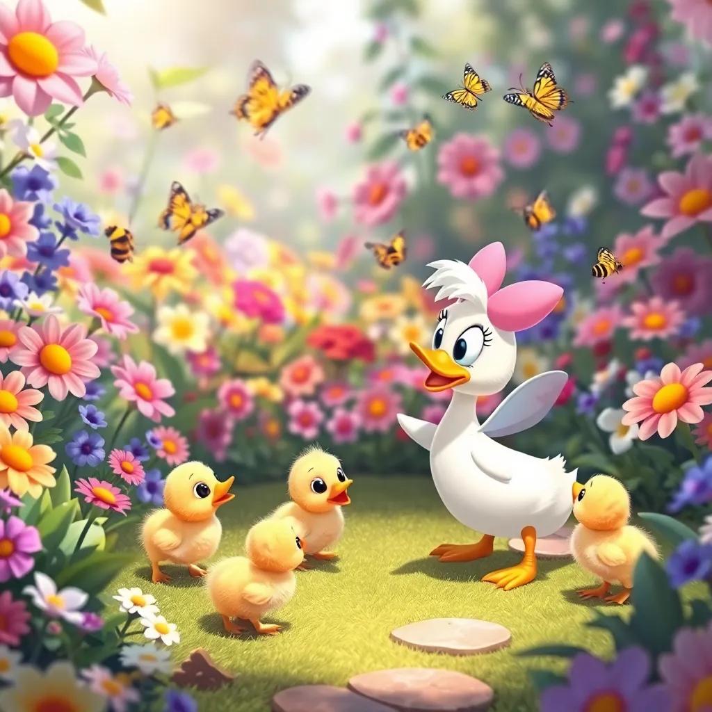 Daisy and her ducklings playing in a beautiful garden with butterflies and buzzing bees, a magical garden filled with vibrant flowers, whimsical scenery, joyful and cheerful atmosphere, child-friendly