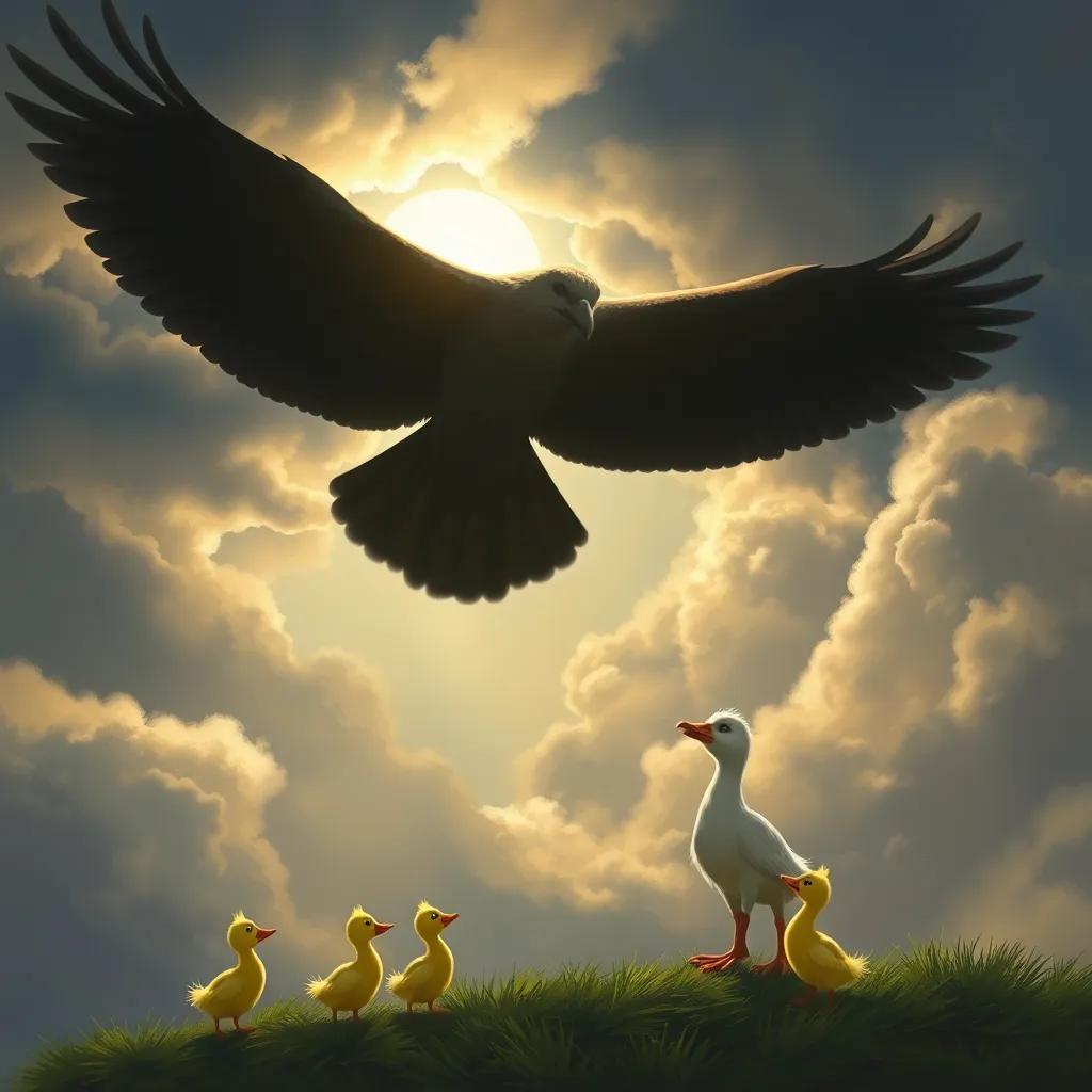 A big shadow of a hawk soaring above Daisy and her ducklings, Daisy standing tall and flapping her wings with determination, dramatic sky, digital painting, suspenseful yet safe, capturing the moment