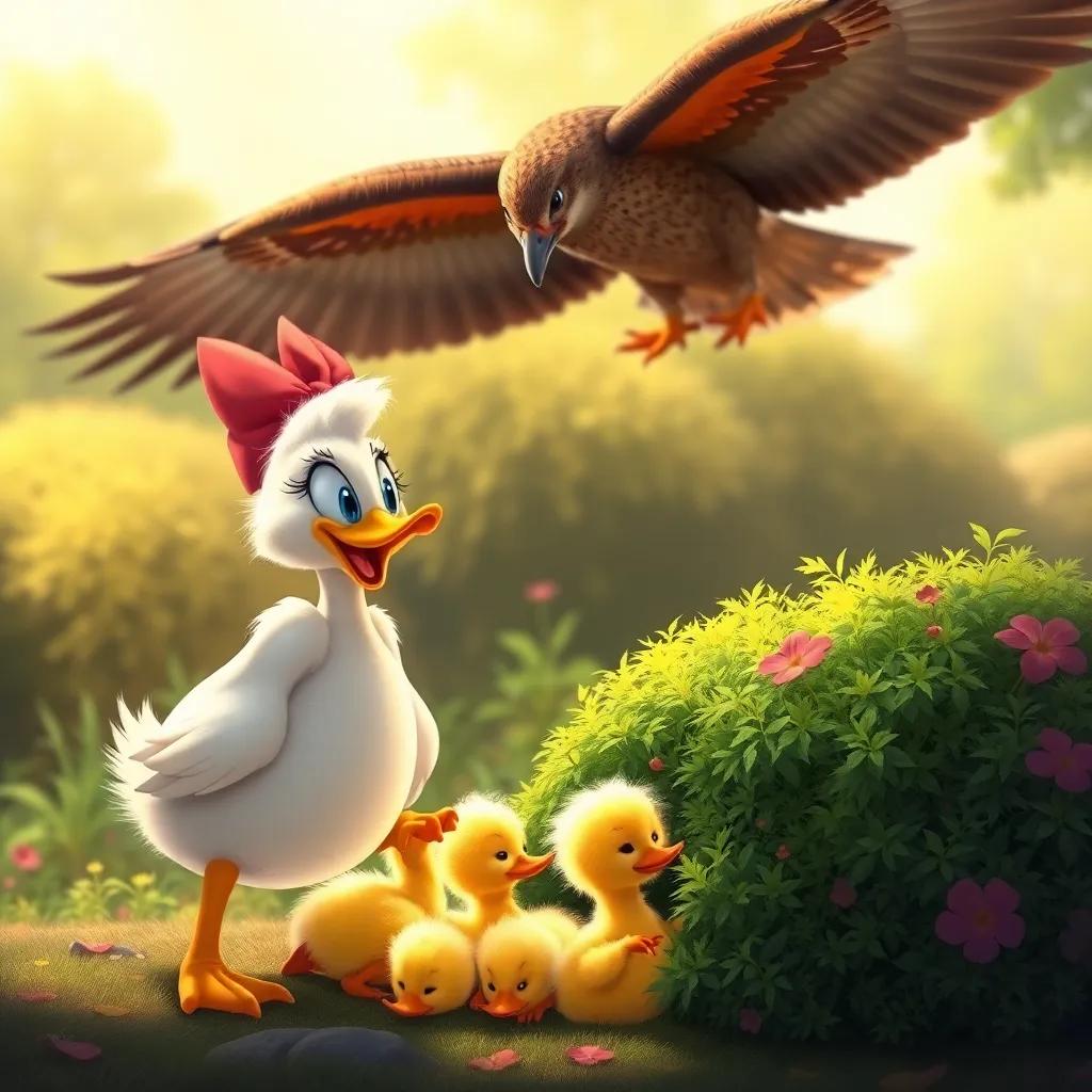 Daisy quacking loudly and bravely standing guard to protect her ducklings hiding under a bush, drawing attention to the hawk above, vibrant colors, emotional, heartwarming
