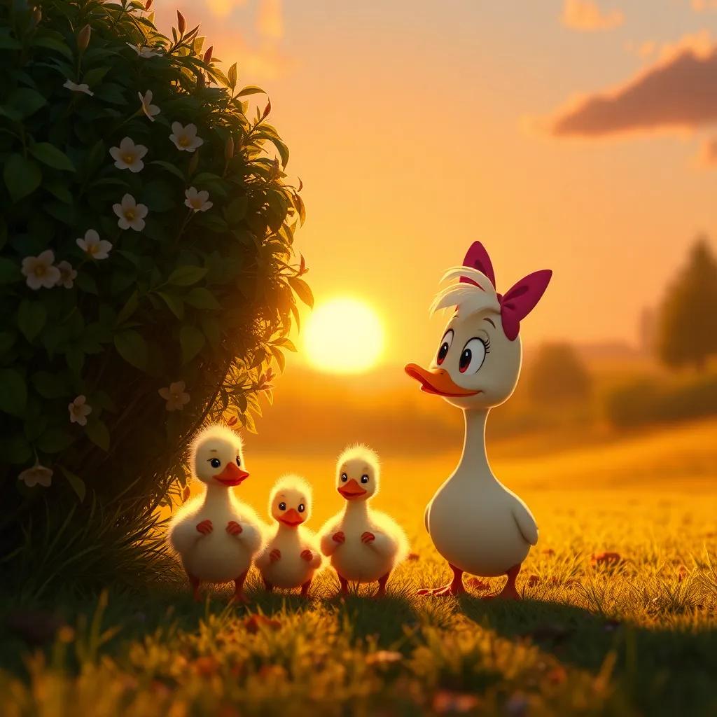 Daisy and her ducklings emerging from the bush, looking proud and relieved after the danger, with a beautiful sunset in the background casting warm light, joyful and uplifting scene, digital art