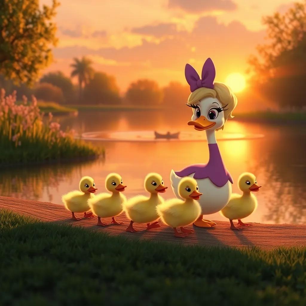 Daisy leading her ducklings back to the pond, waddling together with tired, happy expressions, the pond glowing in the sunset, peaceful atmosphere, inviting imagery