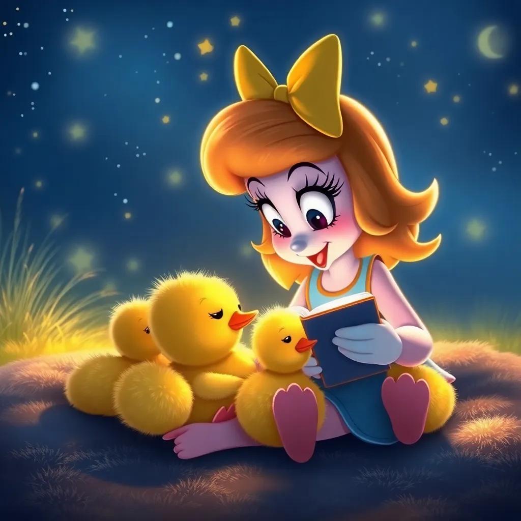 Daisy telling bedtime stories to her cute little ducklings snuggled together, a cozy night scene with stars twinkling in the sky, digital painting, warm and heartwarming illumination