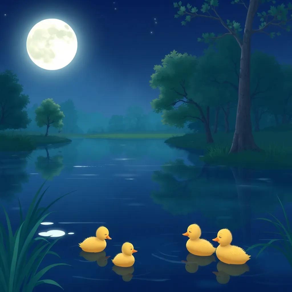 A peaceful pond at night with Daisy and her ducklings asleep, moonlight reflecting on the water and a gentle breeze among the trees, calming and serene, illustration, soft colors