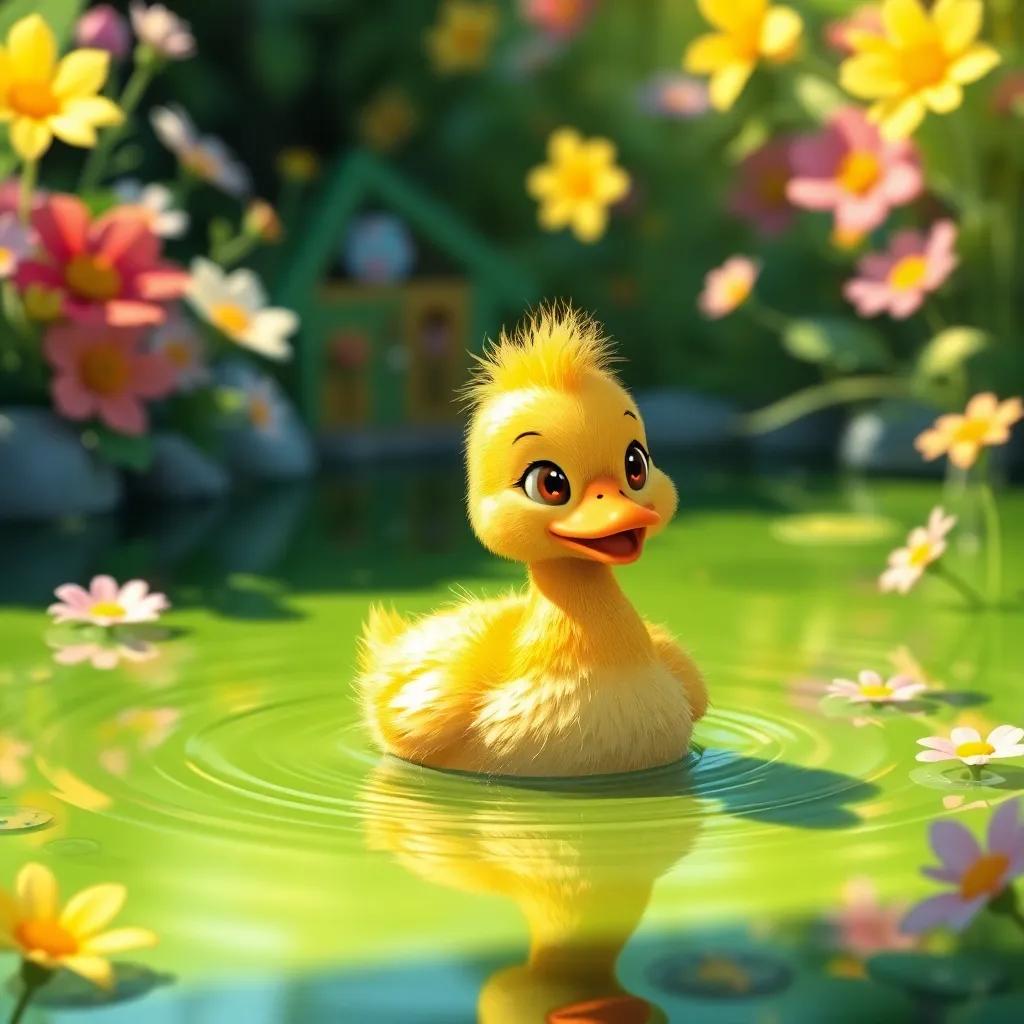 A bright green pond with a brave little duck named Daisy, shiny feathers glimmering in the sunlight, colorful flowers around, digital art, cheerful, vibrant colors, warm and inviting atmosphere