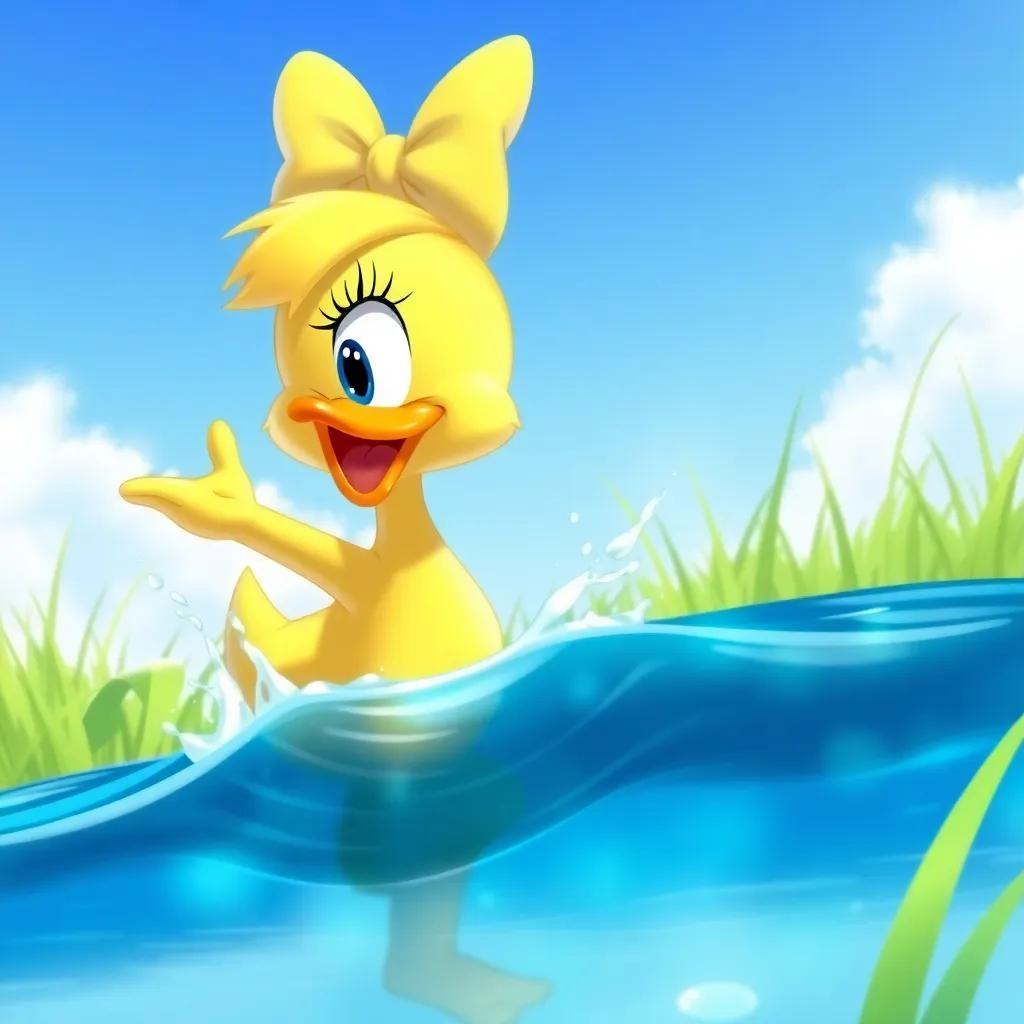 Daisy the duck splashing into the water, happy and excited, with a blue sky above, surrounded by tall grass, illustration, lively scene, playful, child-friendly