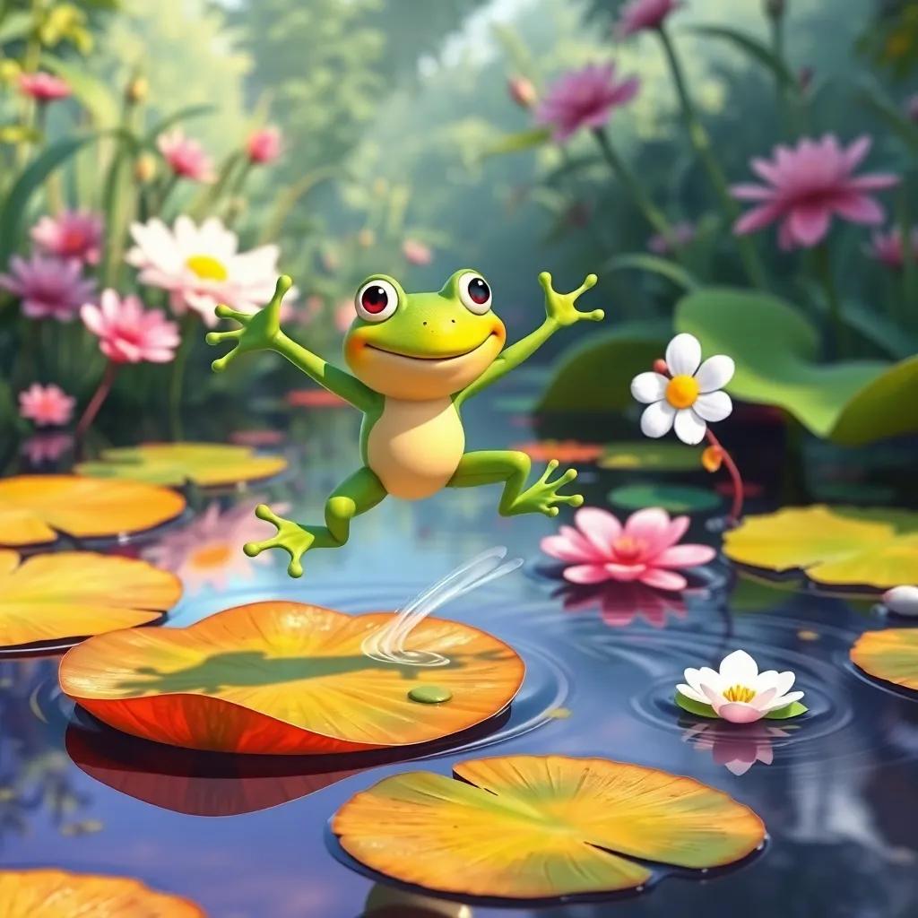 Freddie the friendly frog jumping from lily pad to lily pad, Daisy joining the fun in the water, colorful pond scenery, detailed, joyful atmosphere, animated style