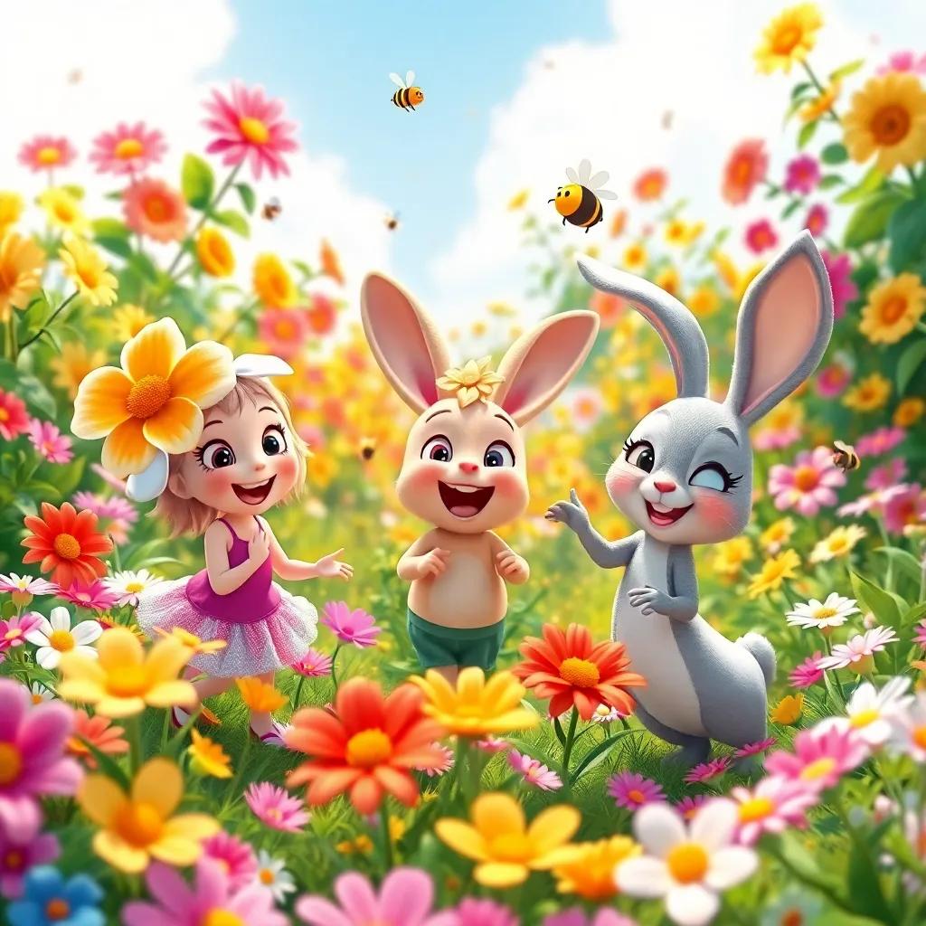 Daisy, Freddie, and Bella the bunny playing in a colorful flower grove, buzzing bees around, filled with laughter, bright flowers and a sunny background, joyful, adventure-themed
