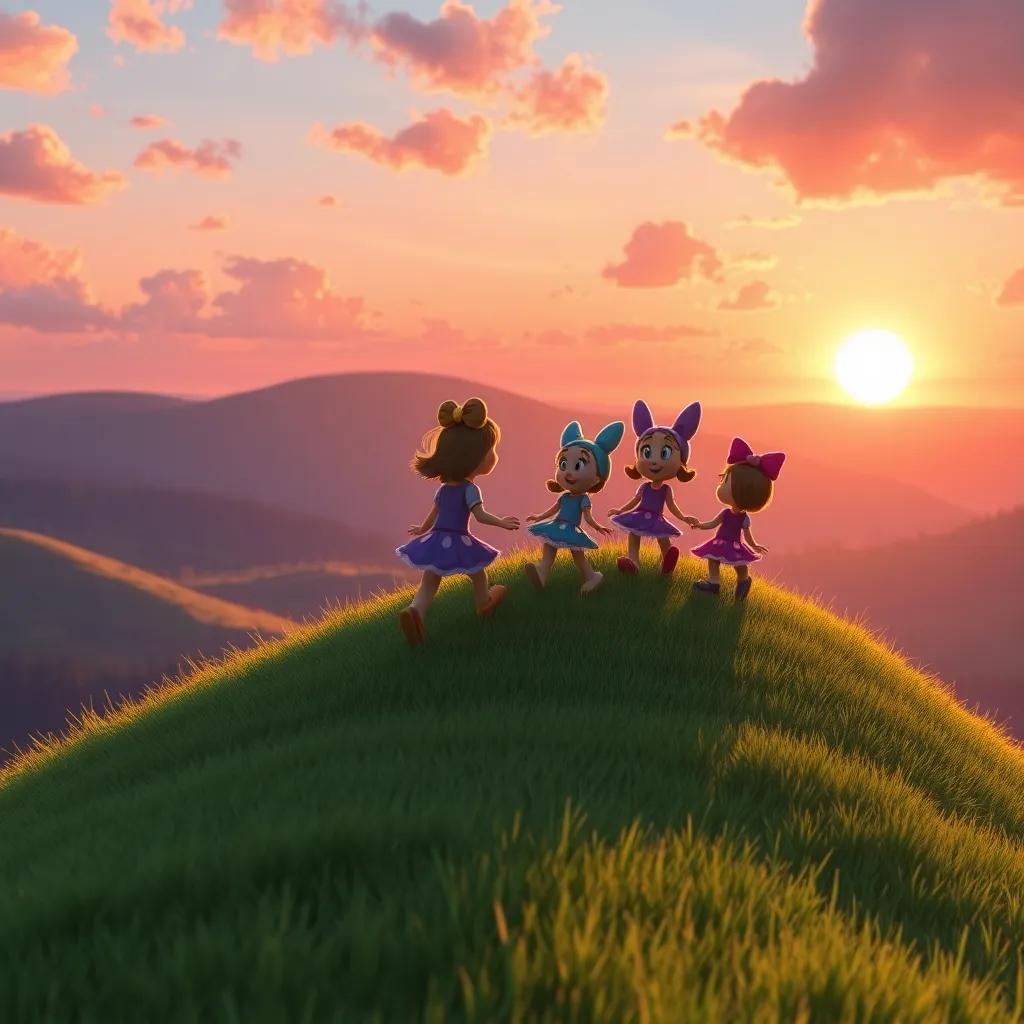 Daisy and her friends climbing the grassy slope of a hill at sunset, with shades of pink and gold in the sky, gorgeous view, serene and picturesque, inspirational