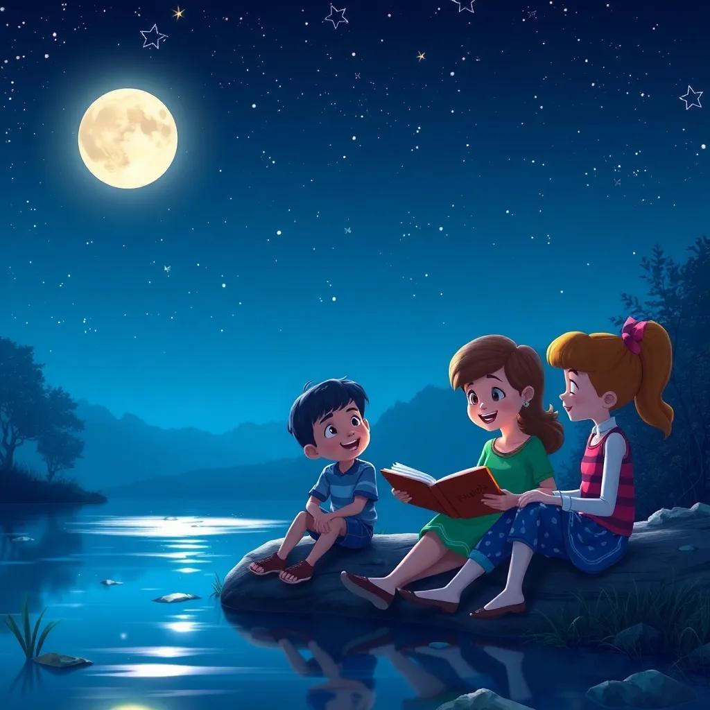 Daisy, Freddie, and Bella sitting by the pond under the twinkling stars, sharing stories and laughing, peaceful night, glowing moonlight, heartwarming