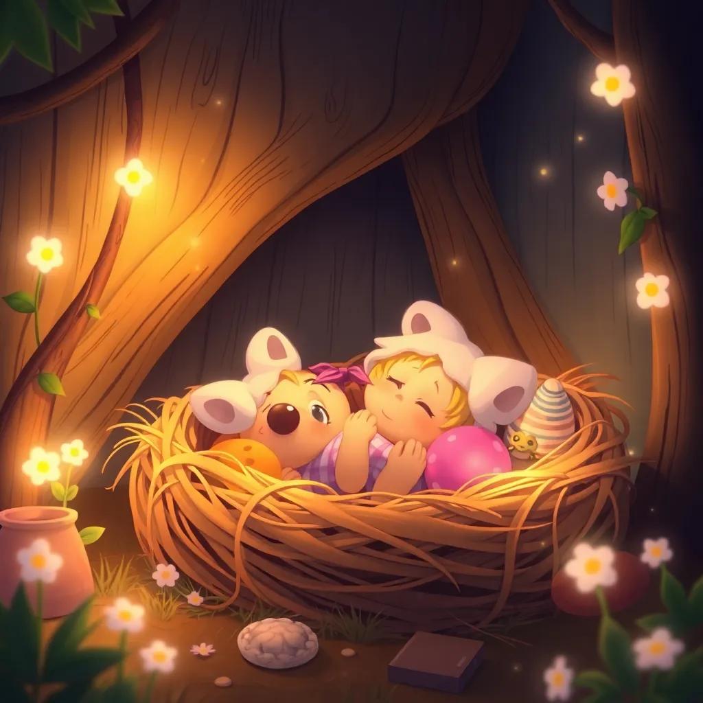 A cozy scene at Daisy's nest, where she snuggles in, dreaming of adventures with her friends, soft lighting, magical and dreamy atmosphere, illustration