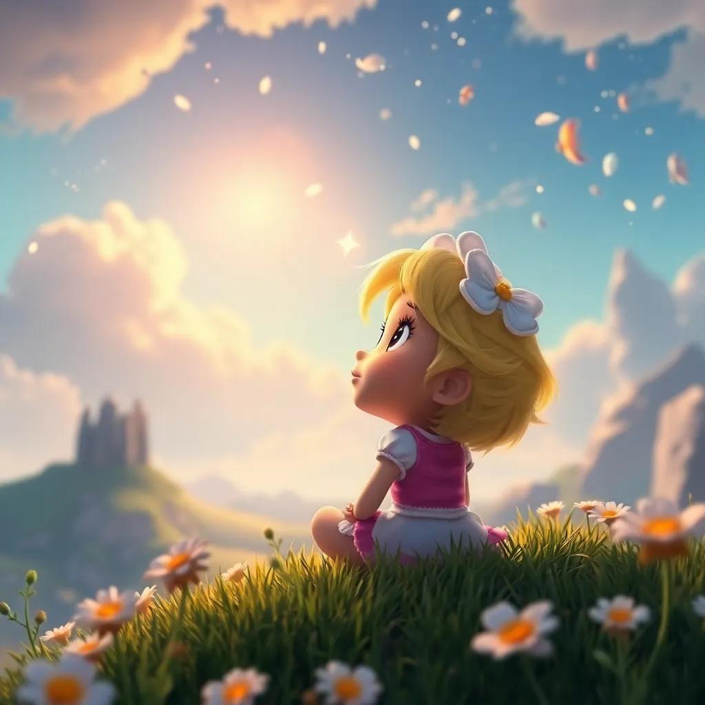 Daisy dreaming vividly of flying high in the sky, exploring new lands and far-off places with her friends, imaginative scene, bright colors, inspiring