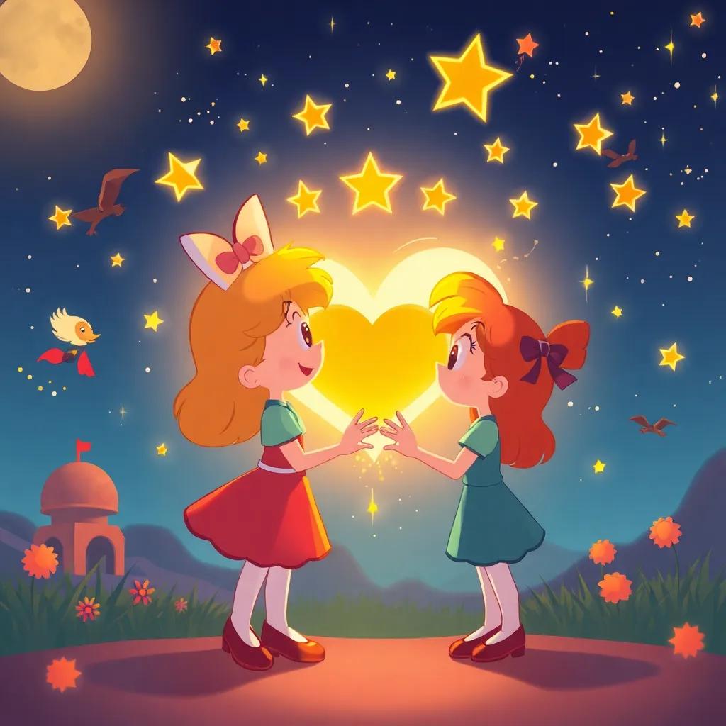 A scene representing friendship, with symbols of adventure in the background, Daisy's warm heart surrounded by stars and dreams, enchanting illustration, hopeful mood