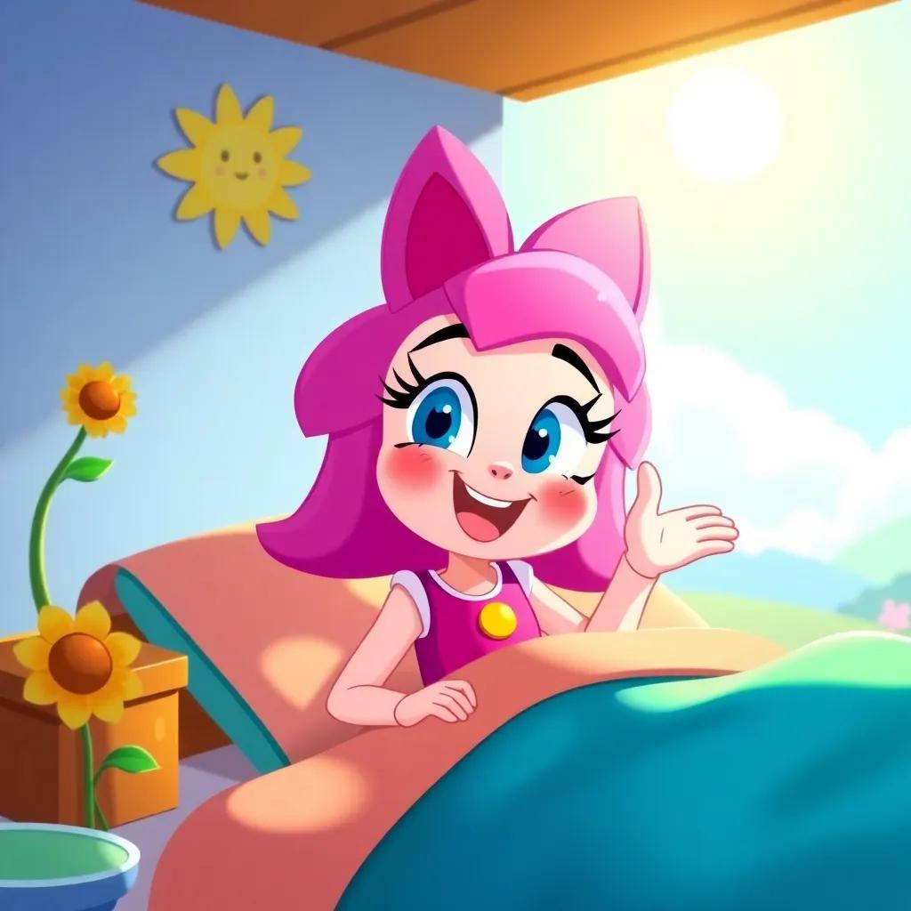 Daisy waking up to a bright morning, excited for her next adventure, with the sun shining cheerfully, vibrant colors, high-quality illustration
