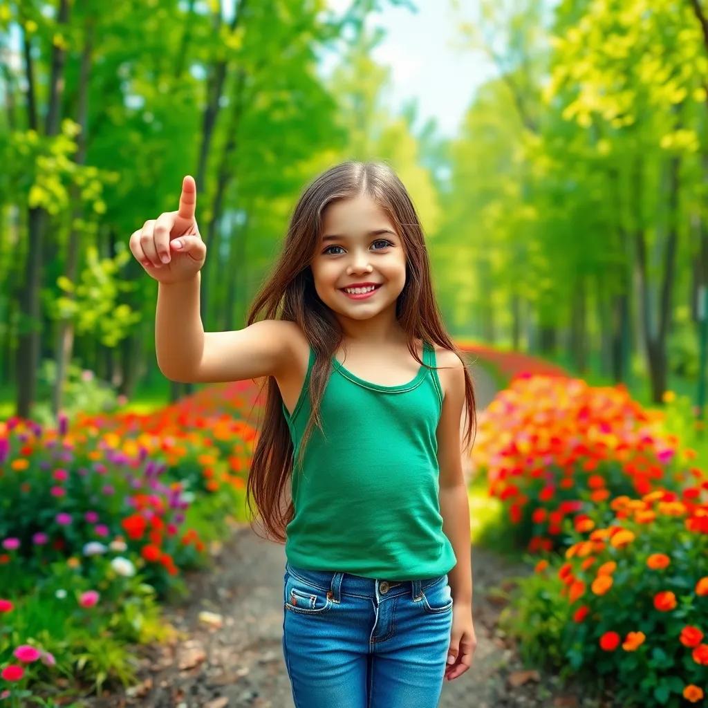 A young girl, Dakota, with long brown hair, wearing a green tank top and jeans, excitedly pointing towards a forest path, vibrant green trees and bright flowers surrounding her, digital art, cheerful atmosphere, bright colors, inviting view, high quality