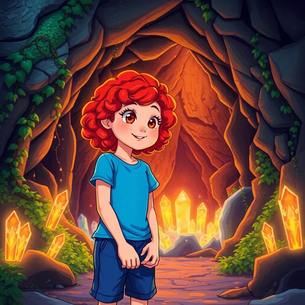 Erin, a 17-year-old girl with curly red hair, wearing a blue t-shirt and shorts, standing in front of a mysterious cave entrance with ivy, looking amazed, glowing crystals inside the cave, colorful and magical ambiance, illustration, adventure-themed, child-friendly