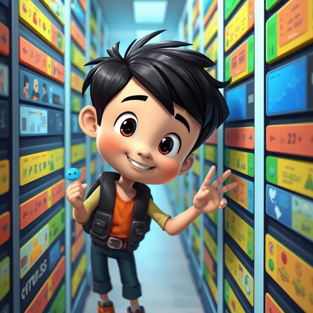 Data Dan, a young boy with dark hair, with a tiny blue data bit named Bitty floating beside him, exploring a colorful database filled with rows of information and images, cheerful style, vibrant colors, adventure-themed, digital illustration