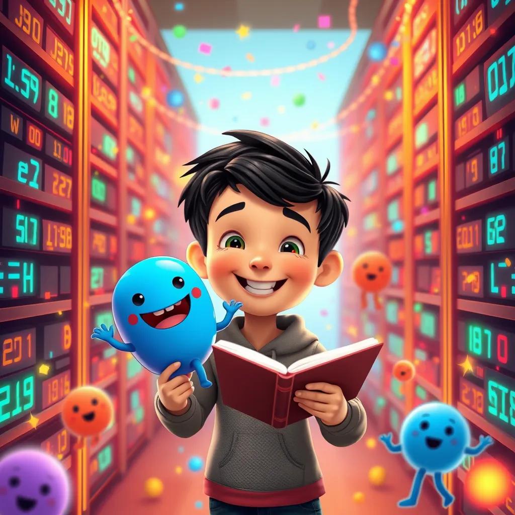 Data Dan, a young boy with dark hair, with Bitty the blue data bit, having a joyful celebration in the database, surrounded by colorful data bits dancing and sharing stories, fun and friendly, warm colors, lively atmosphere, high quality