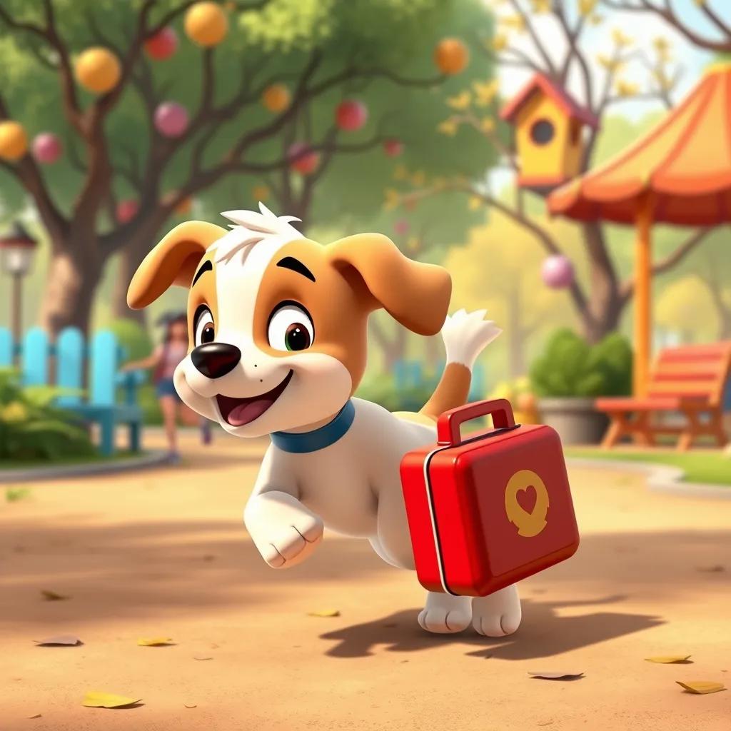 A mischievous puppy with a wagging tail, running away with a lunchbox, in a lively park filled with fun and adventure, cartoon style, fun and appealing, high quality