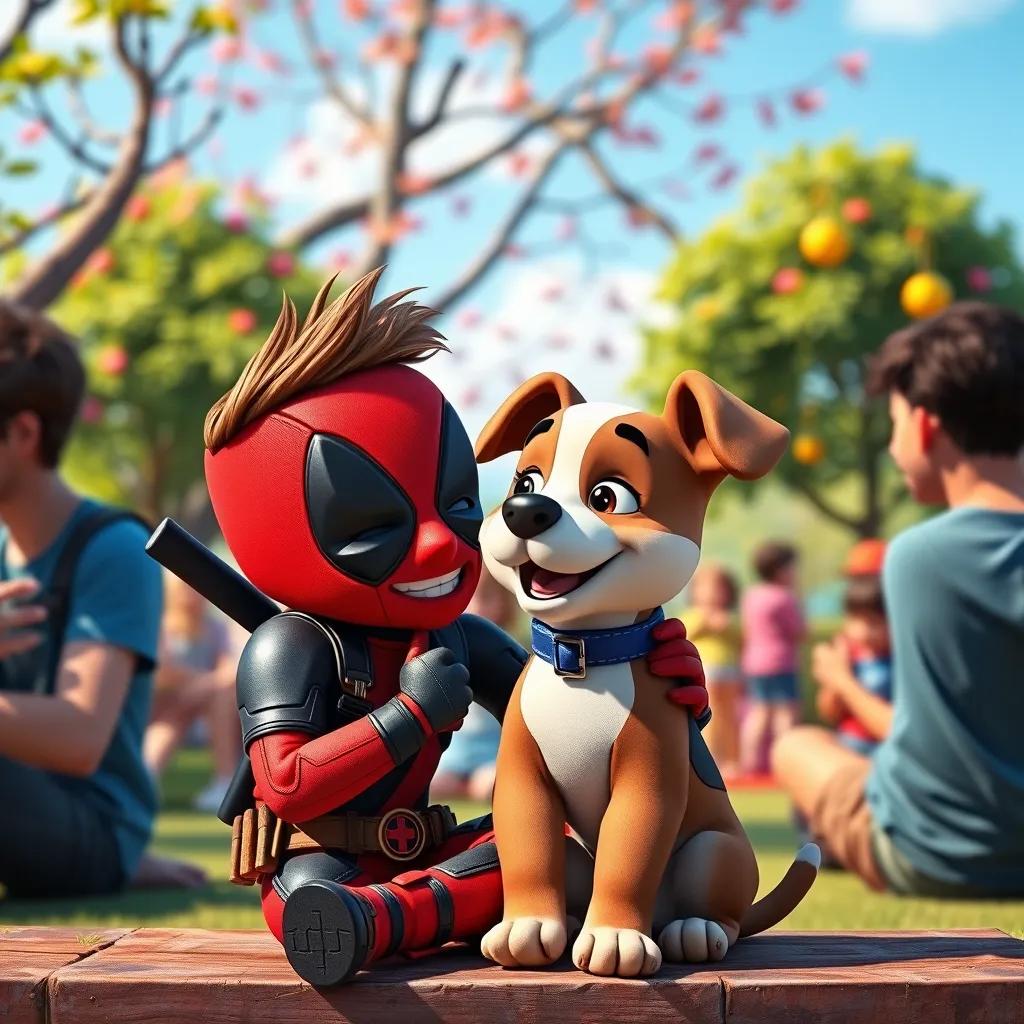 A small hero, Deadpool Junior, holding a puppy's collar, laughing as they both look playful, sitting in a vibrant park surrounded by friends, colorful outdoor setting, joyful atmosphere, high quality