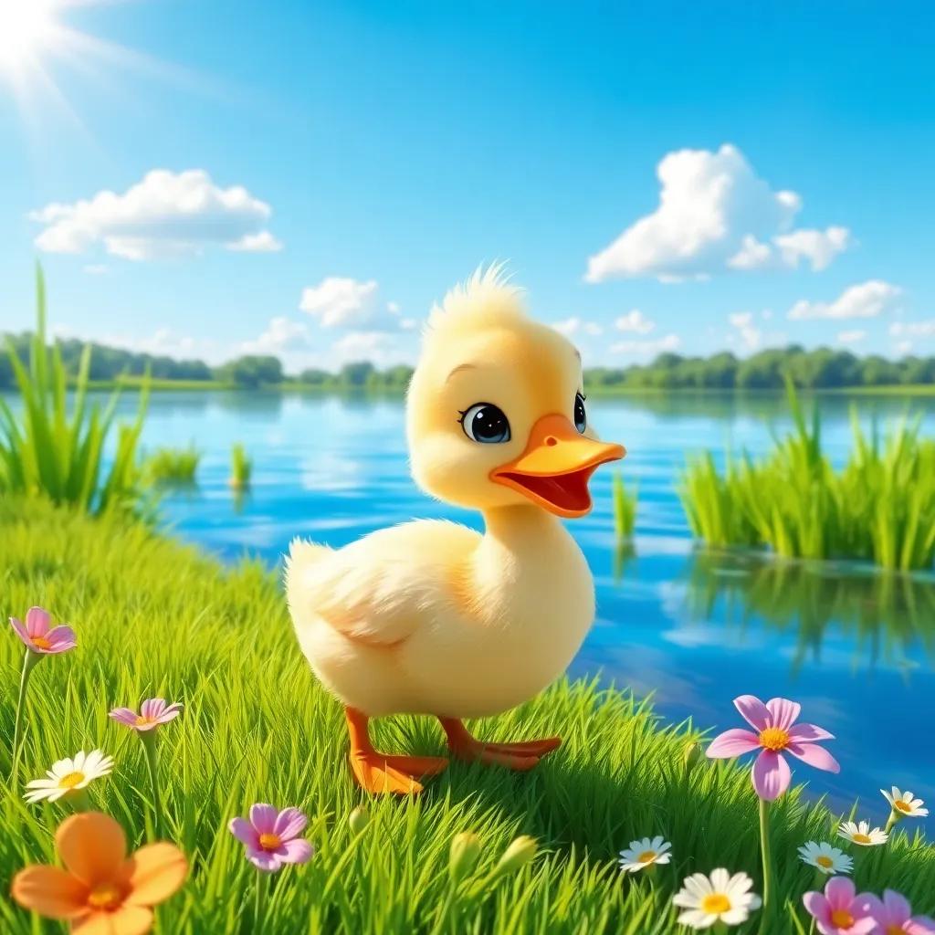 A small, adorable duck named Diddy, waddling by a big blue lake on a sunny day, surrounded by lush green grass and flowers, digital art, vibrant colors, bright and cheerful atmosphere