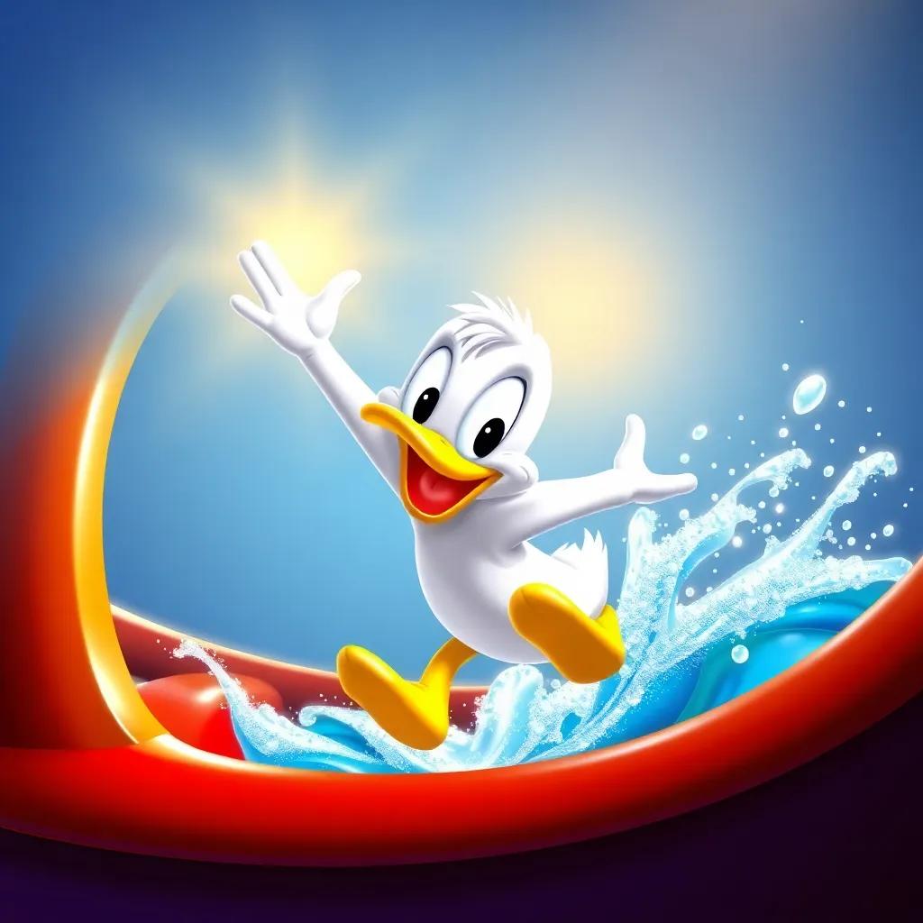 Diddy the duck hopping into a shiny, colorful boat, splashing on sparkling waves, with a big smile on his face and the sun shining down, illustration, playful, lively, child-friendly