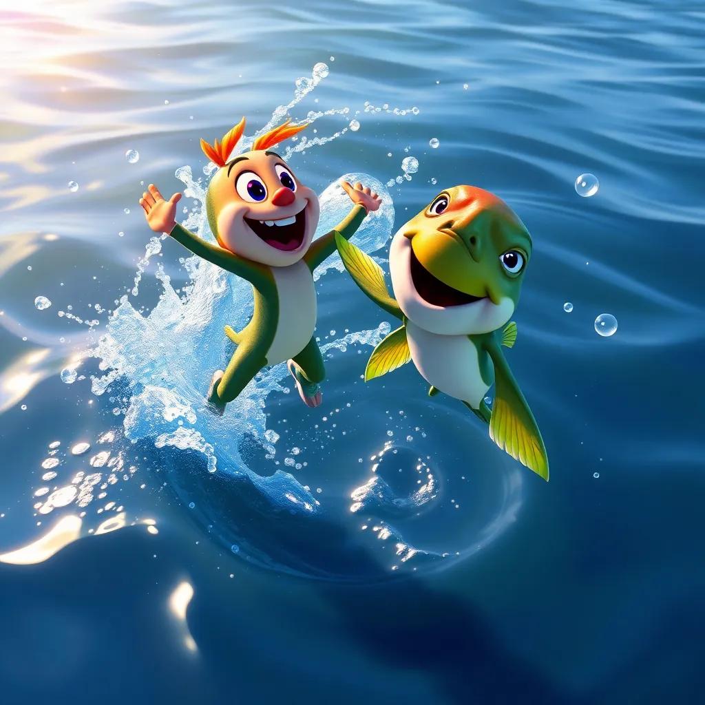 Diddy leaping into the water after a big, colorful fish, making a big splash, with water droplets shimmering around him, digital painting, dynamic, fun, engaging
