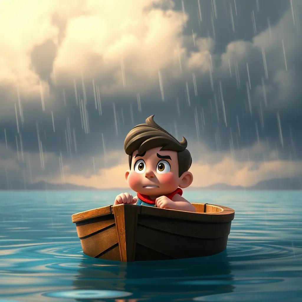 Diddy in the boat looking scared as dark clouds gather above him, raindrops falling on the bright lake, while he stays brave with a determined expression, digital art, dramatic yet safe, colorful
