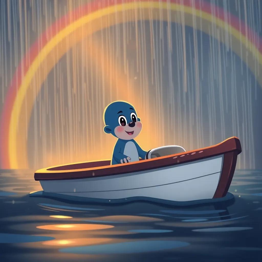 Diddy and the boat finding a cozy spot in the rain, warm and calm, with raindrops splattering around and a rainbow starting to appear in the background, illustration, warm lighting, inviting