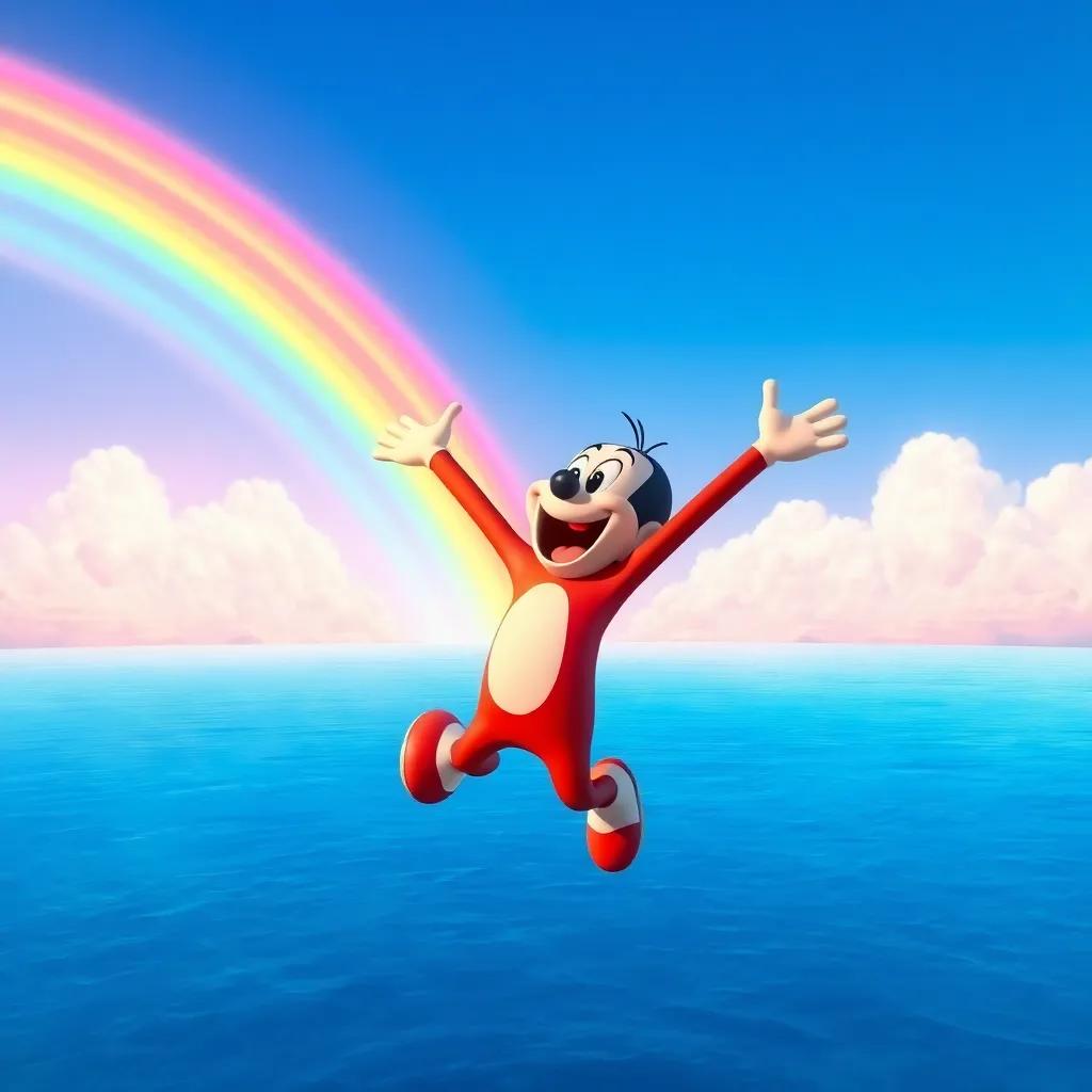 Diddy jumping in joy as he sees a vibrant rainbow arcing across the sky, colors bright against the blue, with a big lake beneath him, digital art, lively, whimsical