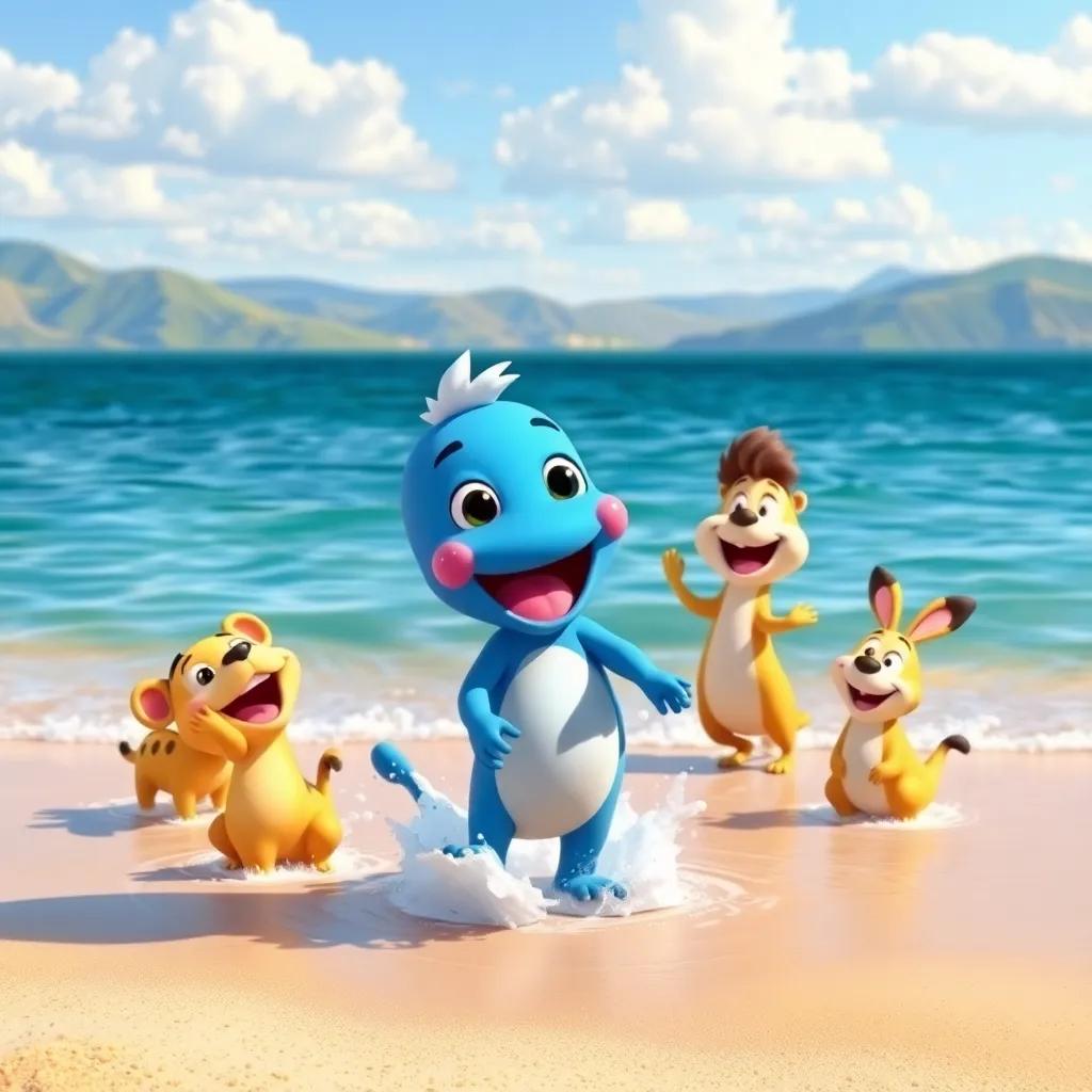 Diddy at a sunny shore, playing with other joyful animals, splashing and laughing, with a backdrop of distant hills and a wide blue sky, illustration, cheerful and friendly