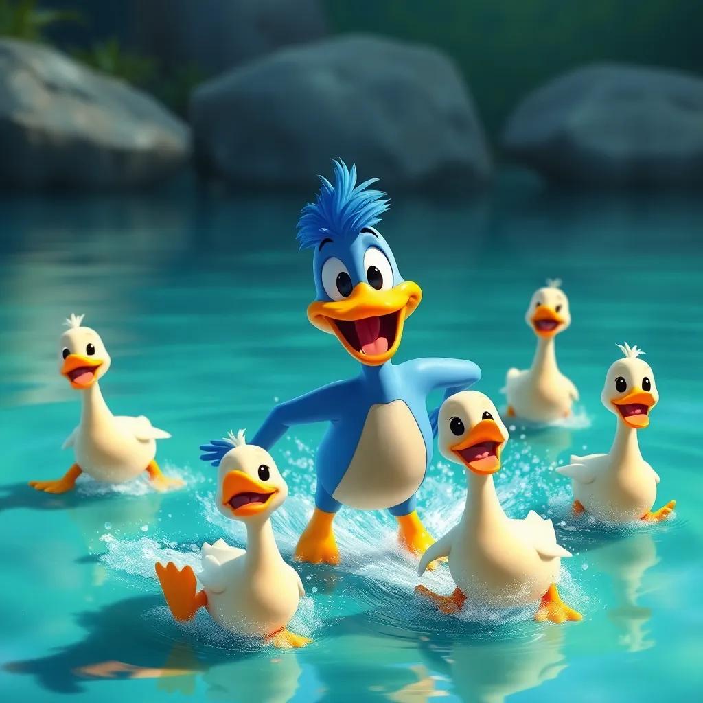 Diddy leading a fun race in the water with his new friends, all ducks, smiling and having a great time around, digital art, colorful, energetic