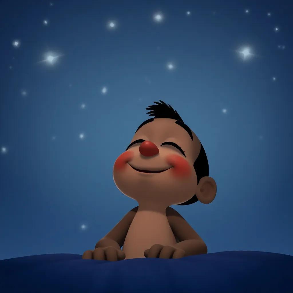 Diddy closing his eyes in the quiet night with twinkling stars above him, dreaming of adventures with a content look, digital art, serene and charming