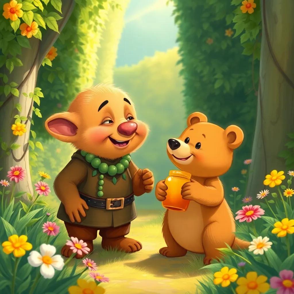 Dobby the dwarf with his beaded necklace, meeting Bella, a small brown bear with a kind smile holding a jar of honey, in a bright area of the maze, lush greenery around, colorful flowers, cheerful and friendly, digital painting, warm light, inviting scenery, high quality