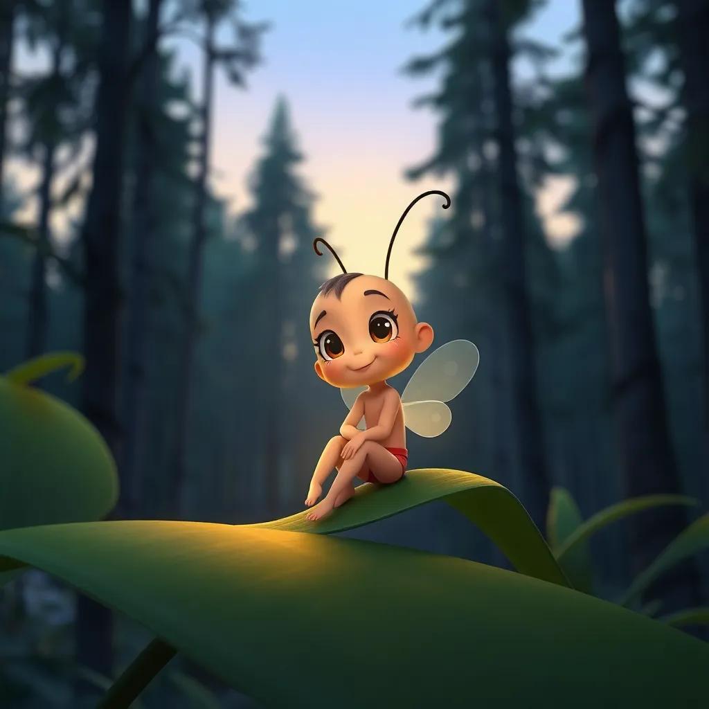 A little firefly named Fanny, with a tiny warm glow, sitting on a green leaf surrounded by tall trees, evening light, whimsical style, charming atmosphere, high quality
