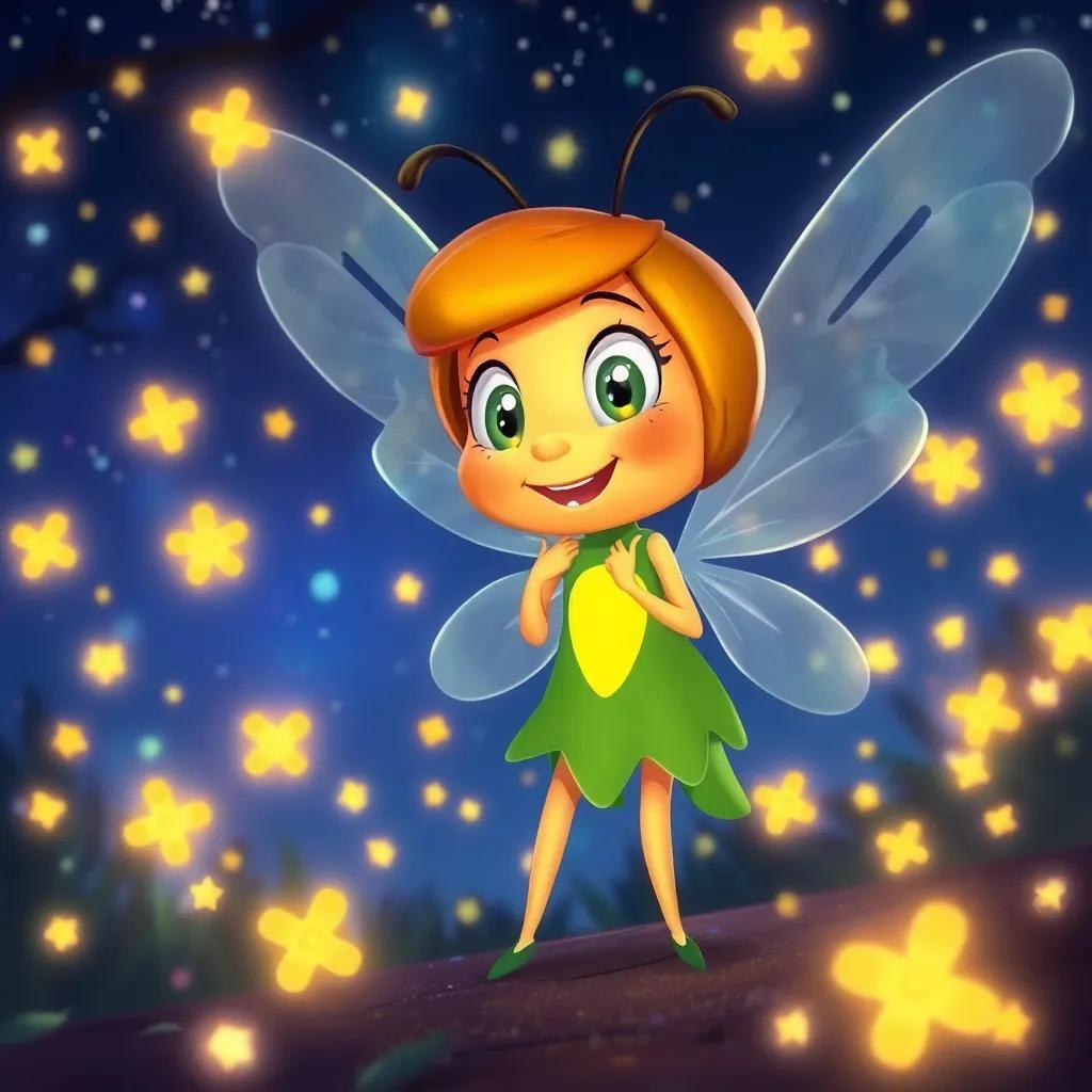 Fanny the Firefly trying to shine bright next to glowing fireflies, colorful night scene, full of stars, cheerful, magical, high quality