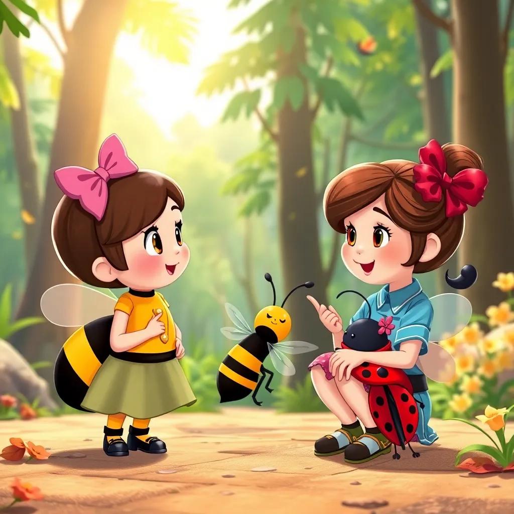 Fanny discussing with Benny the Bumblebee and Lily the Ladybug, sunny forest backdrop, smiling characters, playful vibe, illustrational style, vibrant colors, high quality